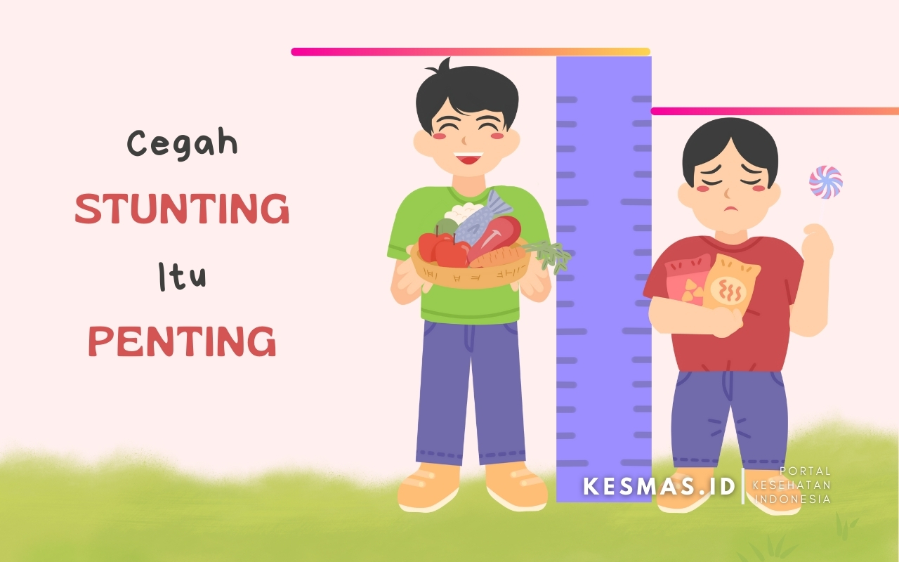 Ilustrasi perbedaan anak stunting dan anak sehat pada usia yang sama, menunjukkan perbedaan tinggi badan akibat kekurangan gizi kronis.