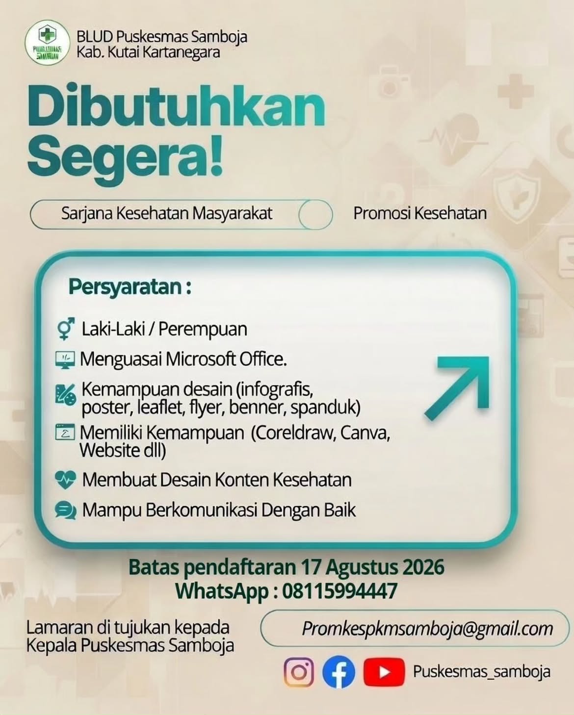 BLUD Puskesmas Samboja Buka Lowongan Kerja Promosi Kesehatan untuk Sarjana Kesehatan Masyarakat