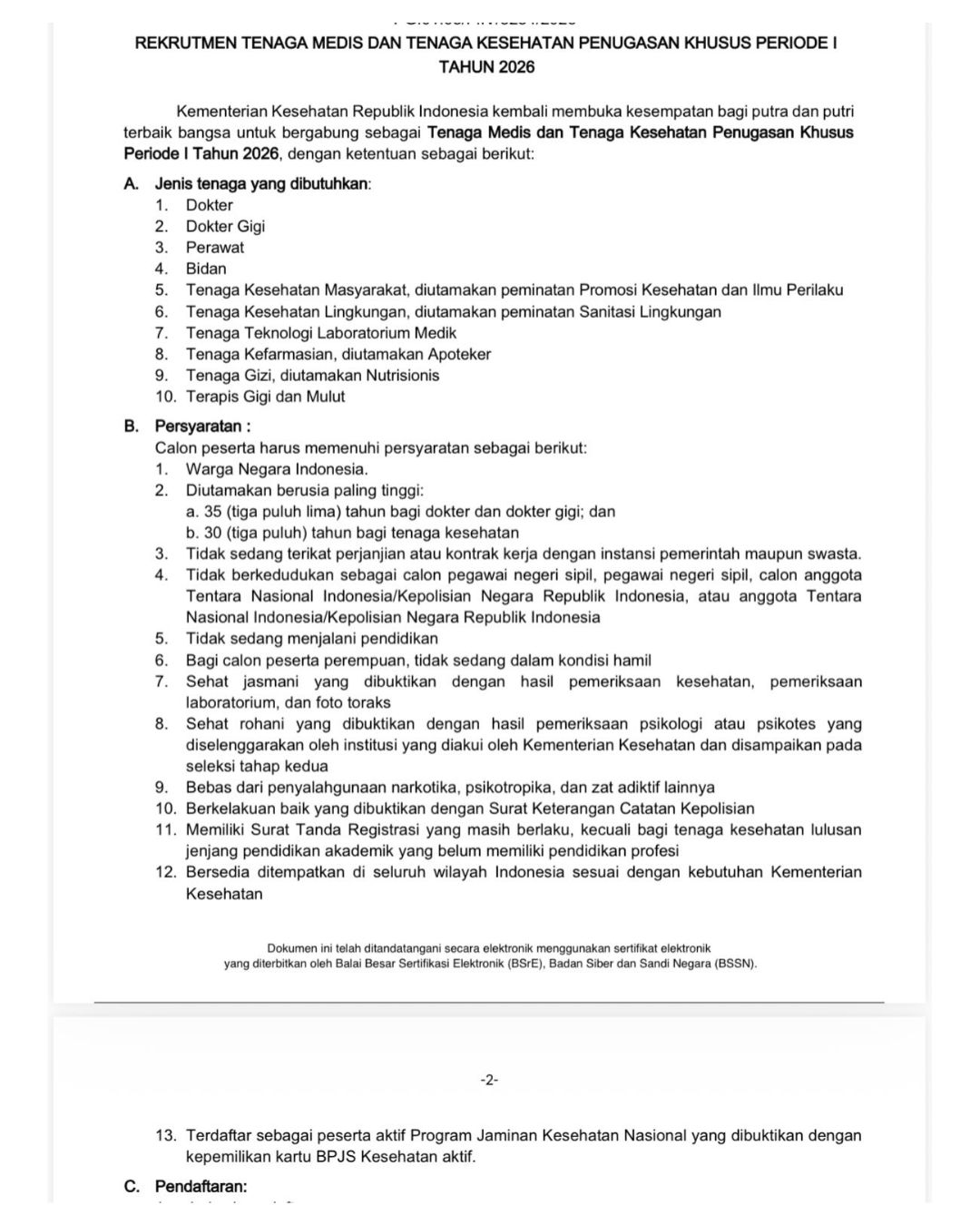 Rekrutmen Tenaga Kesehatan Penugasan Khusus Periode I Tahun 2026-1