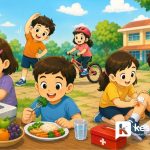 Ilustrasi anak SD belajar GERMAS, PHBS, dan P3K untuk menjaga kesehatan dan keselamatan