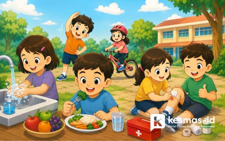 Ilustrasi anak SD belajar GERMAS, PHBS, dan P3K untuk menjaga kesehatan dan keselamatan