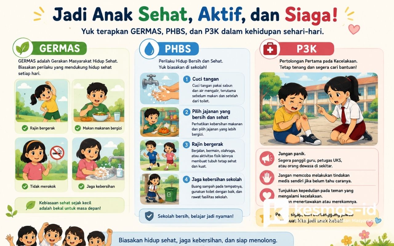 Ilustrasi anak SD belajar GERMAS, PHBS, dan P3K untuk menjaga kesehatan dan keselamatan