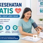 Ilustrasi petugas kesehatan sedang melakukan pemeriksaan tekanan darah pada peserta Program Cek Kesehatan Gratis (CKG) sebagai upaya deteksi dini penyakit di Puskesmas.