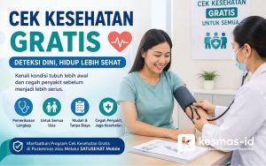 Ilustrasi petugas kesehatan sedang melakukan pemeriksaan tekanan darah pada peserta Program Cek Kesehatan Gratis (CKG) sebagai upaya deteksi dini penyakit di Puskesmas.