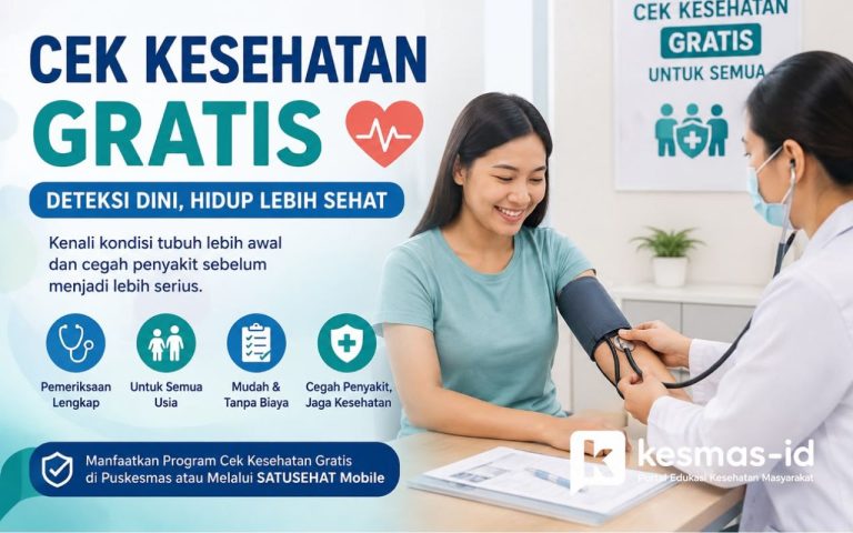 Ilustrasi petugas kesehatan sedang melakukan pemeriksaan tekanan darah pada peserta Program Cek Kesehatan Gratis (CKG) sebagai upaya deteksi dini penyakit di Puskesmas.